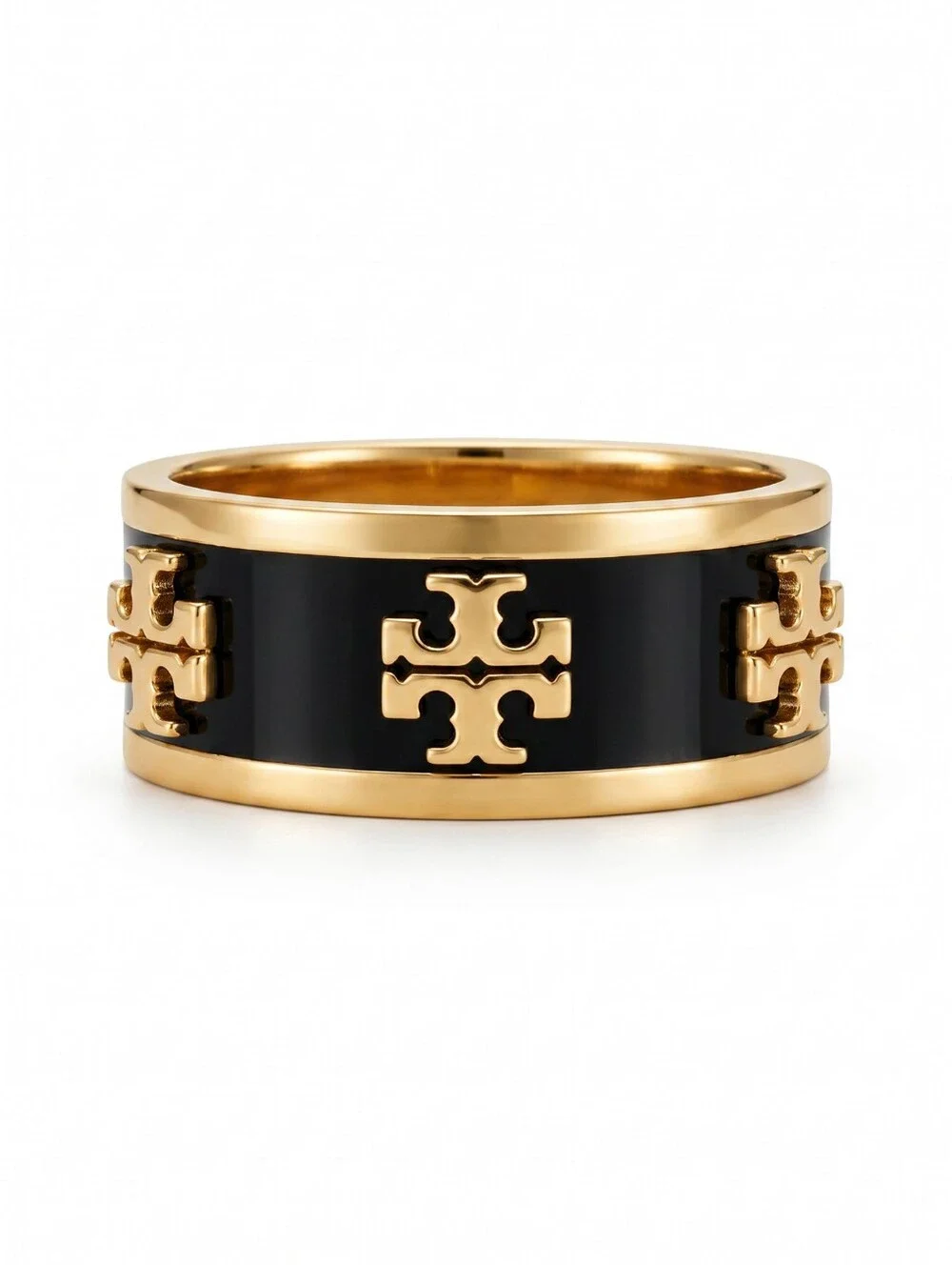 Tory Burch Kira Enamel Black and Gold Double-T Logo Wide Band Ring